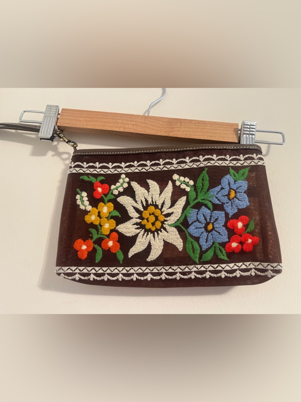 Isabella Fiore Brown Floral Embroidered Wristlet with Multicolor Blooms